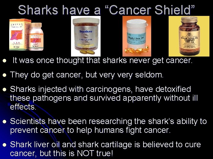 Sharks have a “Cancer Shield” l It was once thought that sharks never get