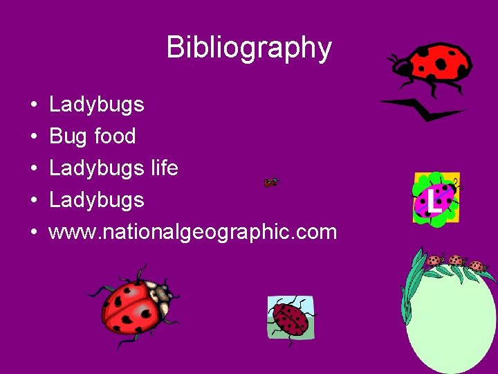 Bibliography • • • Ladybugs Bug food Ladybugs life Ladybugs www. nationalgeographic. com 