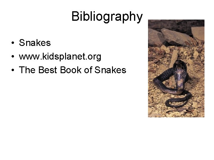 Bibliography • Snakes • www. kidsplanet. org • The Best Book of Snakes 