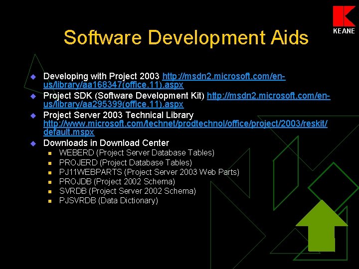 Software Development Aids u u Developing with Project 2003 http: //msdn 2. microsoft. com/enus/library/aa