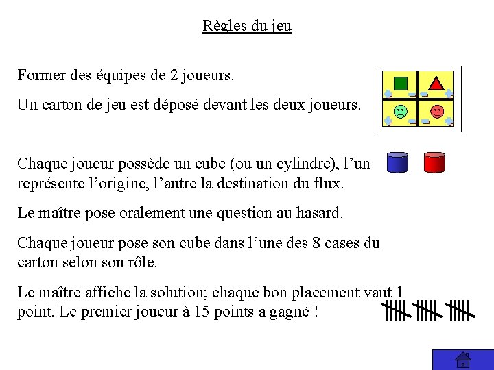 Règles du jeu Former des équipes de 2 joueurs. Un carton de jeu est