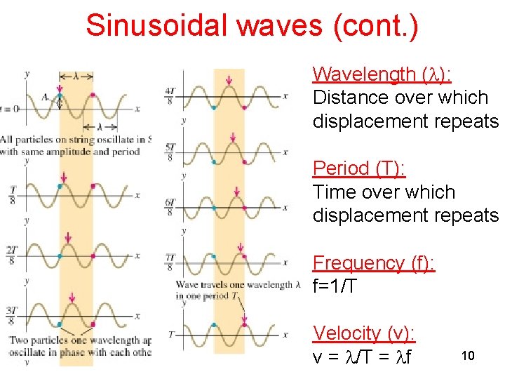 Sinusoidal waves (cont. ) Wavelength ( ): Distance over which displacement repeats Period (T): Sinusoidal waves (cont. ) Wavelength ( ): Distance over which displacement repeats Period (T):