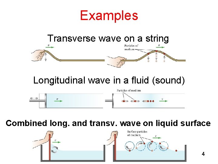Examples Transverse wave on a string Longitudinal wave in a fluid (sound) Combined long. Examples Transverse wave on a string Longitudinal wave in a fluid (sound) Combined long.