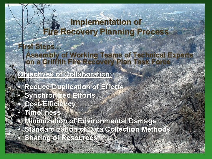Implementation of Fire Recovery Planning Process First Steps… Assembly of Working Teams of Technical