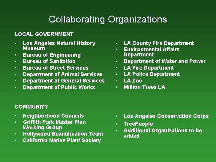 Collaborating Organizations LOCAL GOVERNMENT • • Los Angeles Natural History Museum Bureau of Engineering