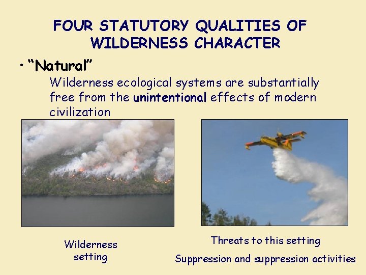 FOUR STATUTORY QUALITIES OF WILDERNESS CHARACTER • “Natural” Wilderness ecological systems are substantially free