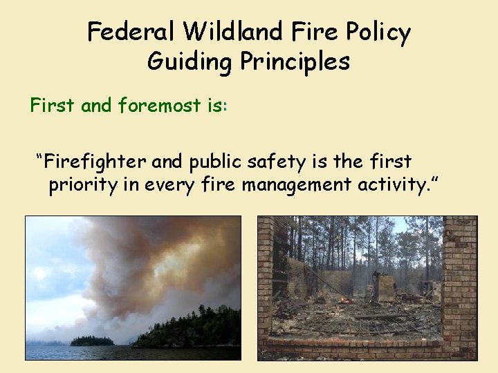 Federal Wildland Fire Policy Guiding Principles First and foremost is: “Firefighter and public safety