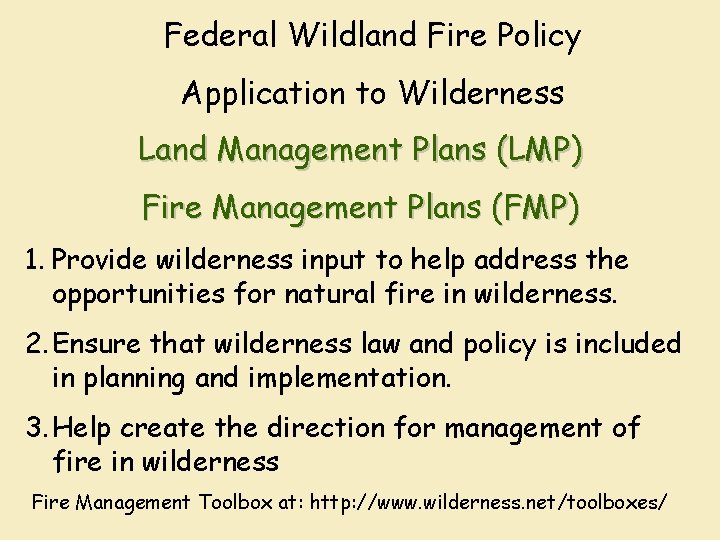 Federal Wildland Fire Policy Application to Wilderness Land Management Plans (LMP) Fire Management Plans