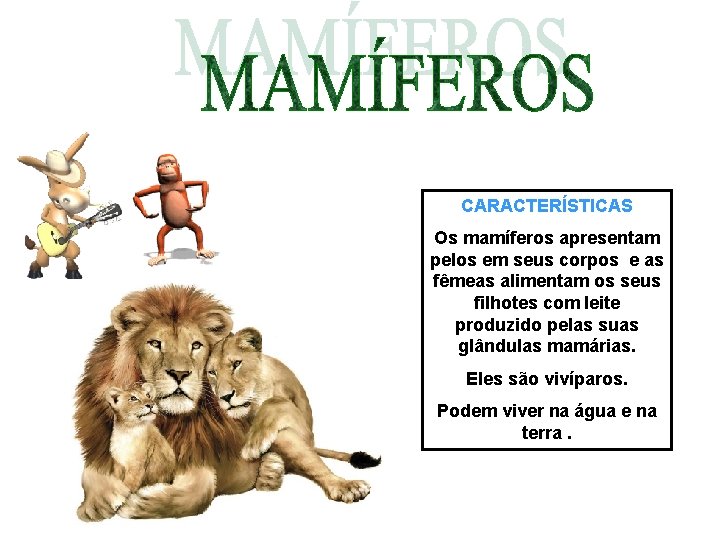 CARACTERÍSTICAS Os mamíferos apresentam pelos em seus corpos e as fêmeas alimentam os seus