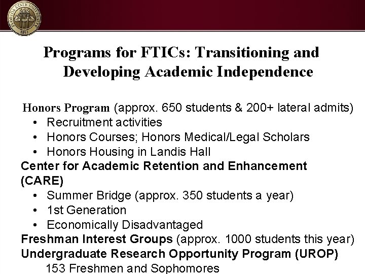 Programs for FTICs: Transitioning and Developing Academic Independence Honors Program (approx. 650 students &