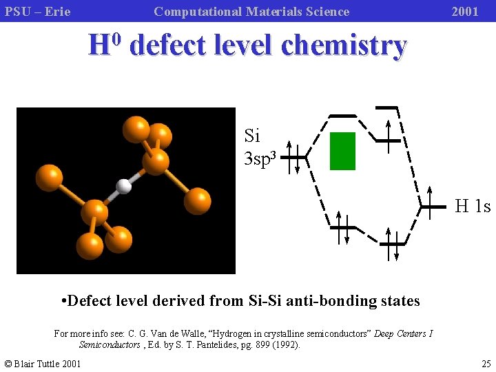 PSU – Erie Computational Materials Science 2001 H 0 defect level chemistry Si 3