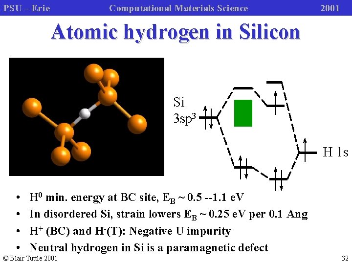 PSU – Erie Computational Materials Science 2001 Atomic hydrogen in Silicon 001 Si 3