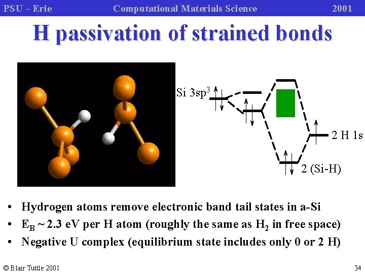 PSU – Erie Computational Materials Science 2001 H passivation of strained bonds Si 3