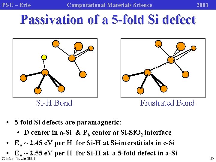 PSU – Erie Computational Materials Science 2001 Passivation of a 5 -fold Si defect