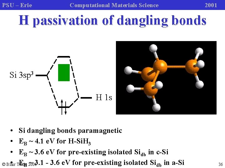 PSU – Erie Computational Materials Science 2001 H passivation of dangling bonds Si 3