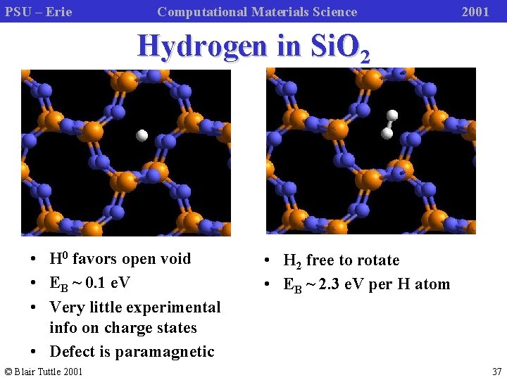PSU – Erie Computational Materials Science 2001 Hydrogen in Si. O 2 • H