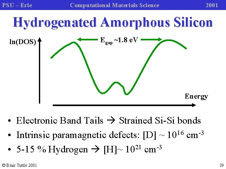 PSU – Erie Computational Materials Science 2001 Hydrogenated Amorphous Silicon ln(DOS) Egap ~1. 8