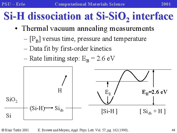 PSU – Erie Computational Materials Science 2001 Si-H dissociation at Si-Si. O 2 interface