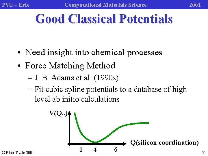 PSU – Erie Computational Materials Science 2001 Good Classical Potentials • Need insight into