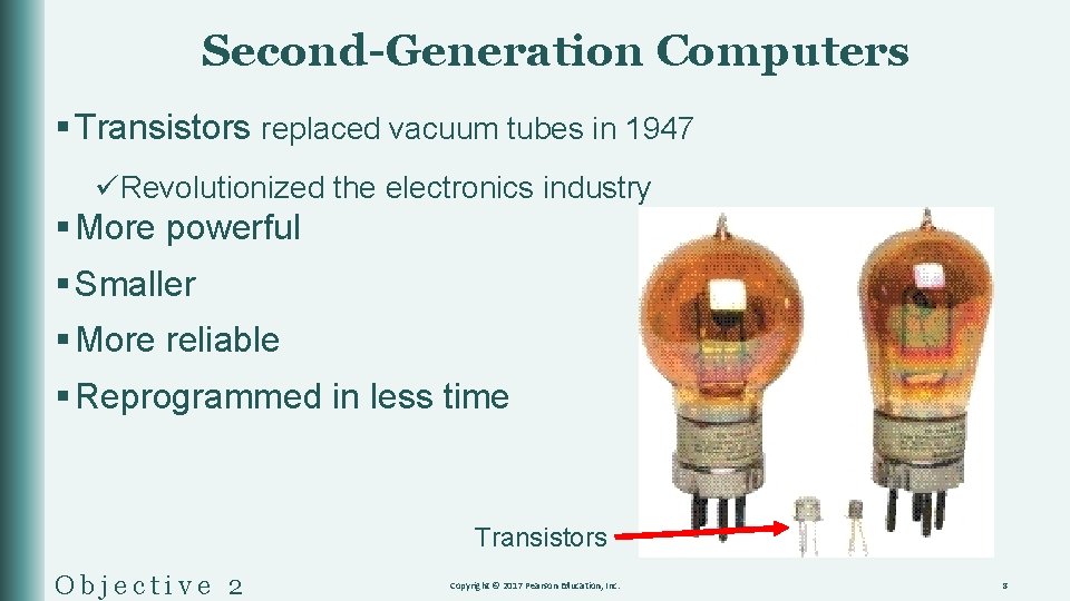 Second-Generation Computers § Transistors replaced vacuum tubes in 1947 üRevolutionized the electronics industry §