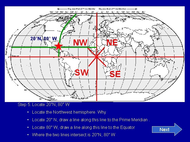 20°N, 80° W NW SW NE SE Step 5. Locate 20°N, 80° W •