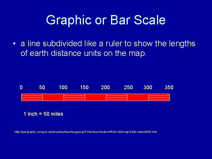 Graphic or Bar Scale • a line subdivided like a ruler to show the