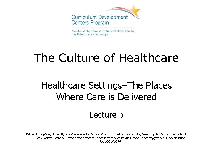 The Culture of Healthcare Settings–The Places Where Care is Delivered Lecture b This material