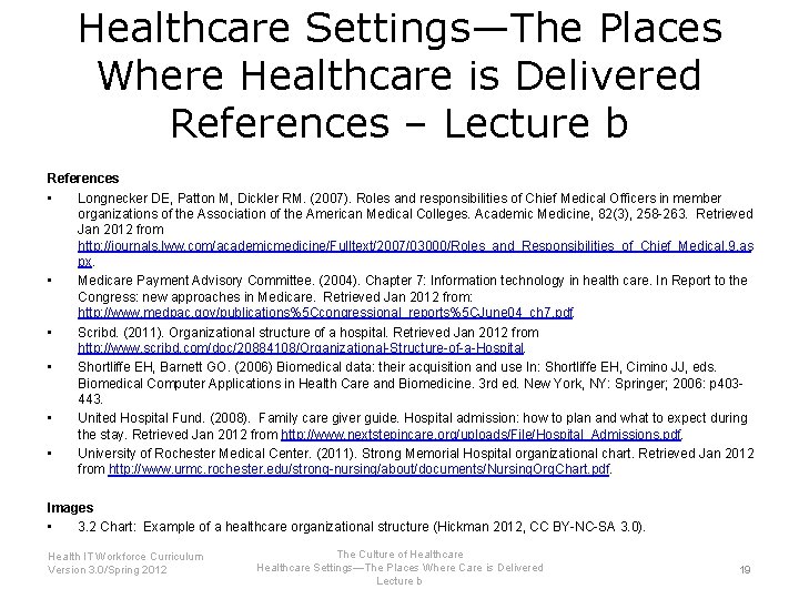 Healthcare Settings—The Places Where Healthcare is Delivered References – Lecture b References • Longnecker