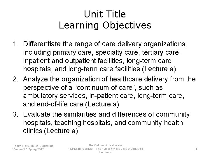 Unit Title Learning Objectives 1. Differentiate the range of care delivery organizations, including primary