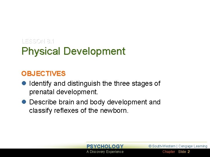 LESSON 8. 1 Physical Development OBJECTIVES l Identify and distinguish the three stages of