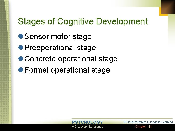 Stages of Cognitive Development l Sensorimotor stage l Preoperational stage l Concrete operational stage