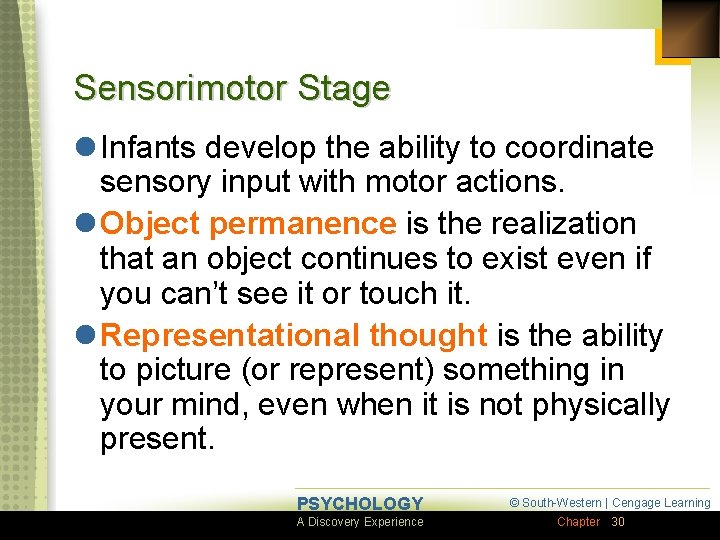 Sensorimotor Stage l Infants develop the ability to coordinate sensory input with motor actions.