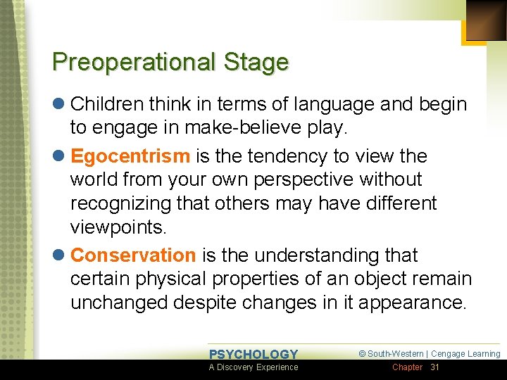 Preoperational Stage l Children think in terms of language and begin to engage in