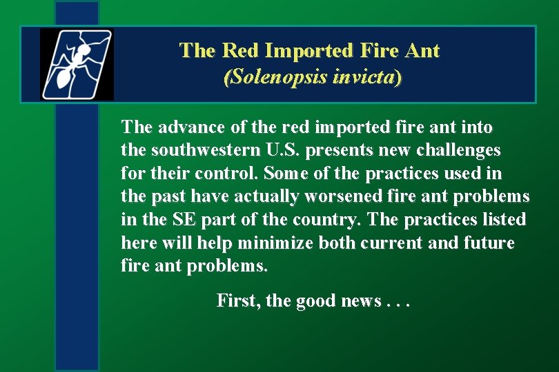 The Red Imported Fire Ant (Solenopsis invicta) The advance of the red imported fire