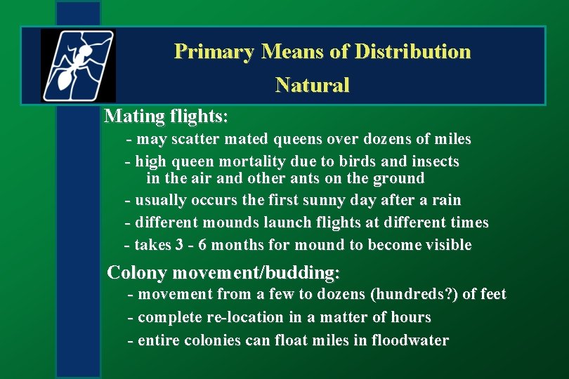 Primary Means of Distribution Natural Mating flights: - may scatter mated queens over dozens