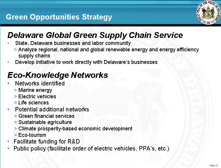 Green Opportunities Strategy Delaware Global Green Supply Chain Service • State, Delaware businesses and