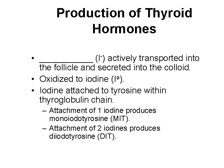 Production of Thyroid Hormones • ______ (I-) actively transported into the follicle and secreted Production of Thyroid Hormones • ______ (I-) actively transported into the follicle and secreted