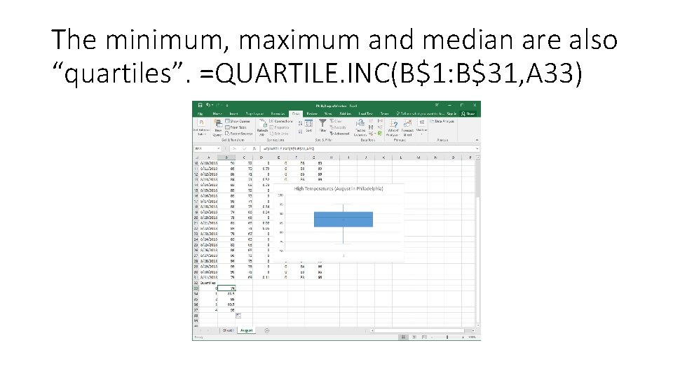 The minimum, maximum and median are also “quartiles”. =QUARTILE. INC(B$1: B$31, A 33) 