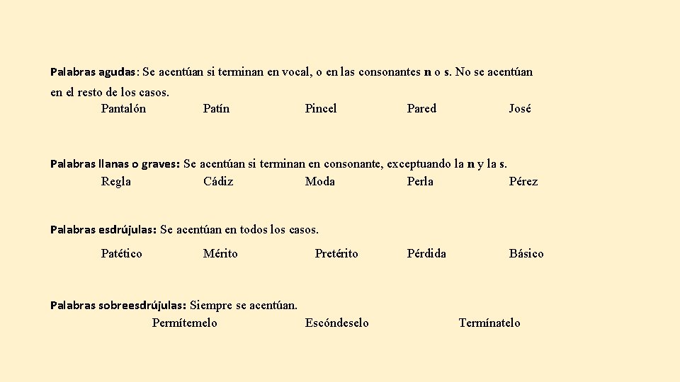 Palabras agudas: Se acentúan si terminan en vocal, o en las consonantes n o Palabras agudas: Se acentúan si terminan en vocal, o en las consonantes n o