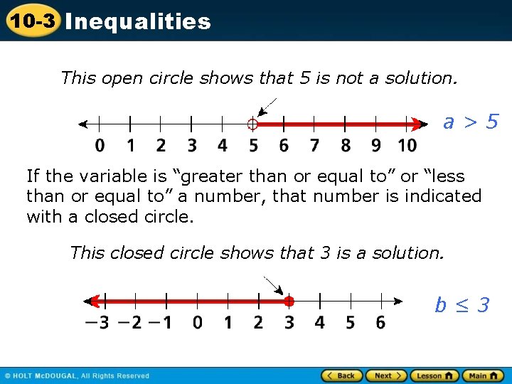 10 -3 Inequalities This open circle shows that 5 is not a solution. a>5
