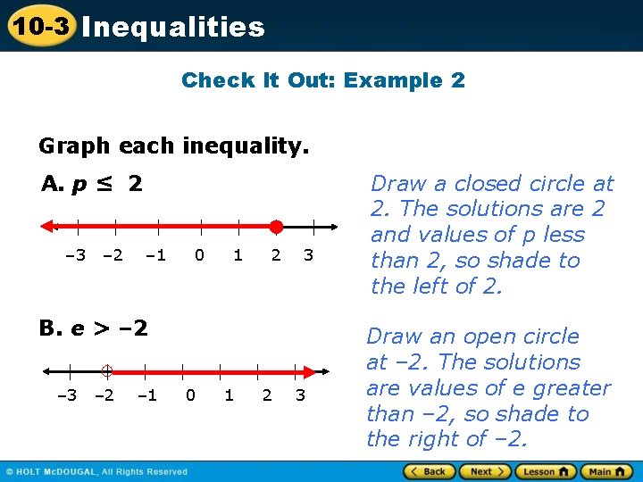 10 -3 Inequalities Check It Out: Example 2 Graph each inequality. A. p ≤