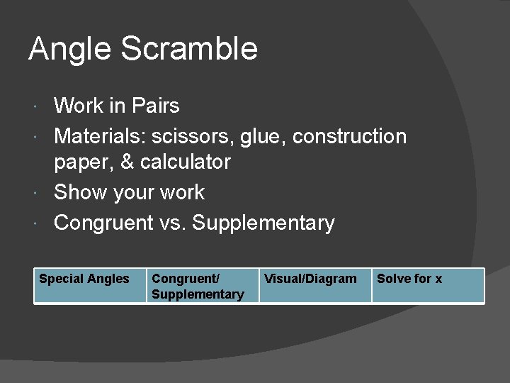 Angle Scramble Work in Pairs Materials: scissors, glue, construction paper, & calculator Show your Angle Scramble Work in Pairs Materials: scissors, glue, construction paper, & calculator Show your