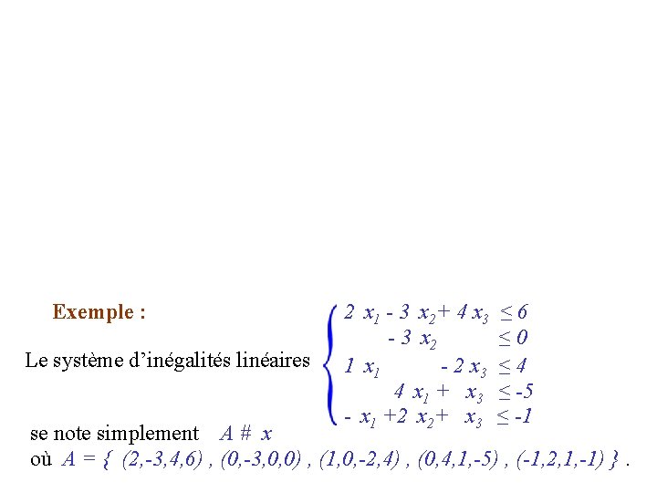 Exemple : Le système d’inégalités linéaires 2 x 1 - 3 x 2+ 4