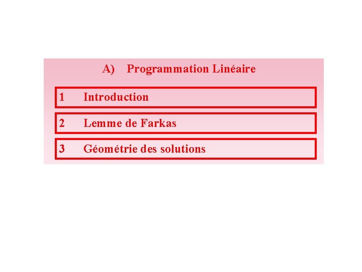 A) Programmation Linéaire 1 Introduction 2 Lemme de Farkas 3 Géométrie des solutions 