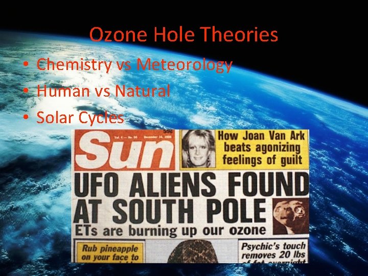 Ozone Hole Theories • Chemistry vs Meteorology • Human vs Natural • Solar Cycles