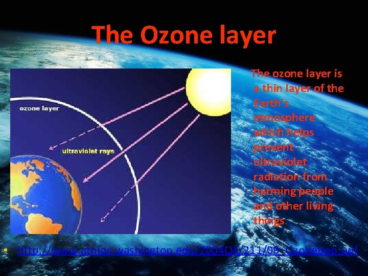 The Ozone layer The ozone layer is a thin layer of the Earth’s atmosphere