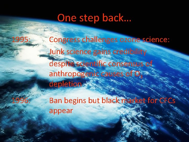 One step back… 1995: Congress challenges ozone science: Junk science gains credibility despite scientific