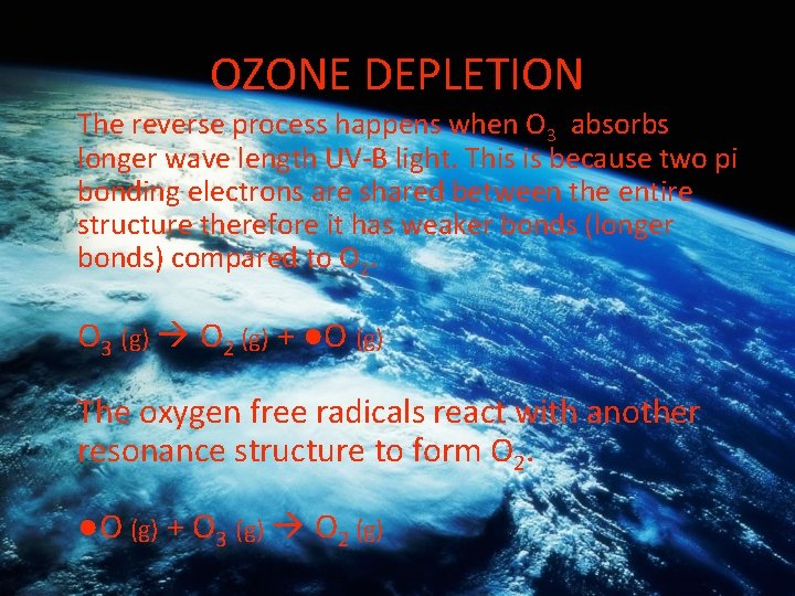 OZONE DEPLETION The reverse process happens when O 3 absorbs longer wave length UV-B