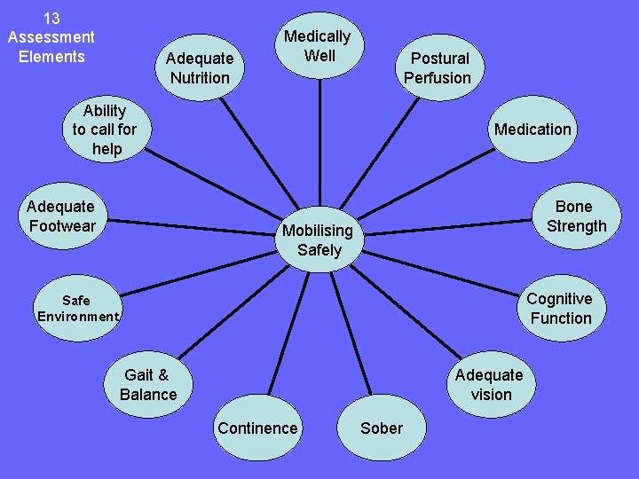 13 Assessment Elements Adequate Nutrition Medically Well Postural Perfusion Ability to call for help