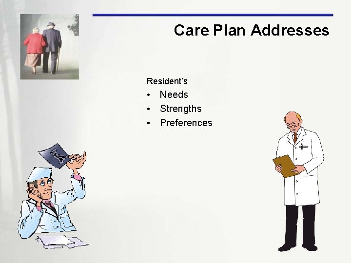 Care Plan Addresses Resident’s • Needs • Strengths • Preferences 